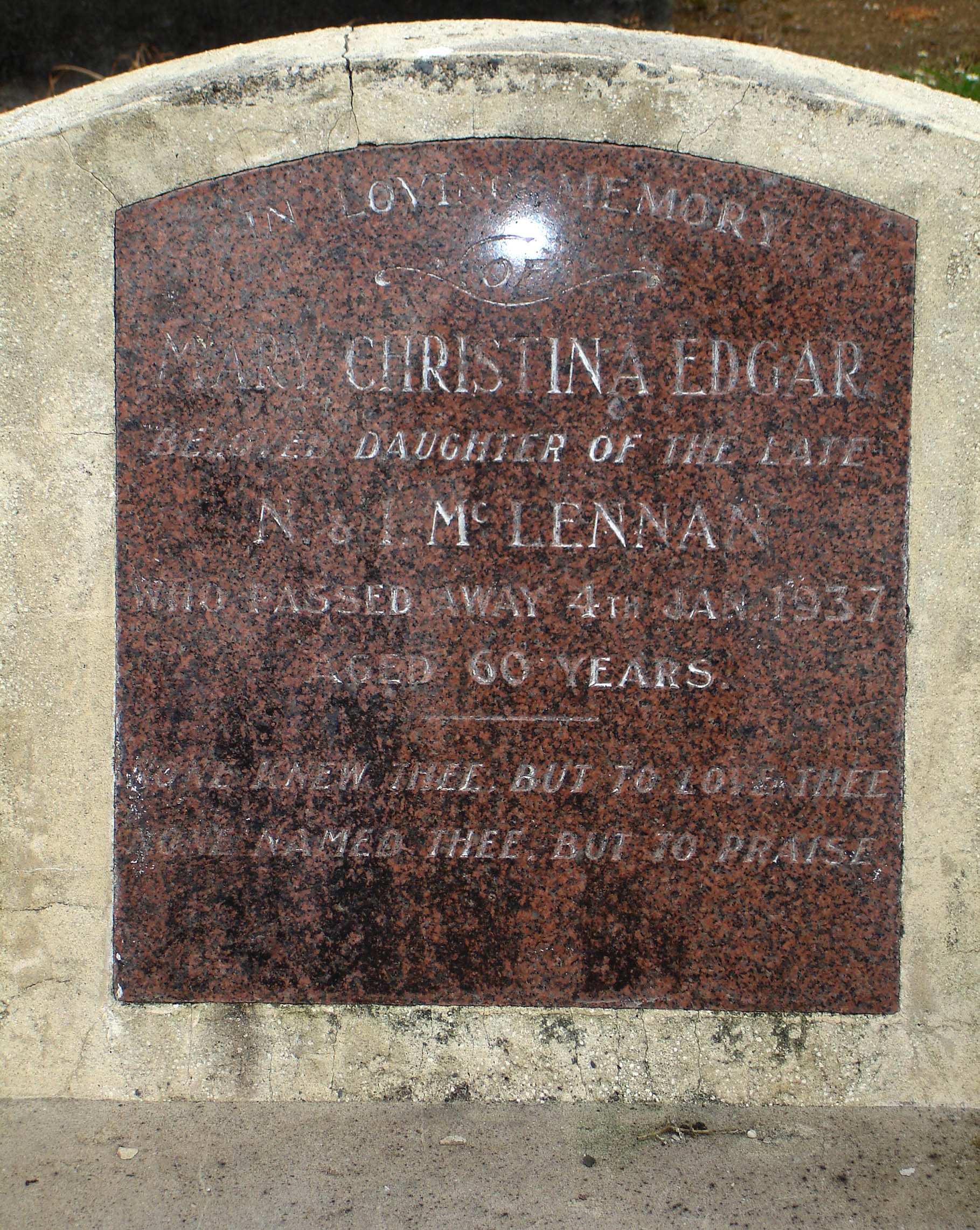 Photo of headstones/Mary Christina Edgar (nee McLennan) d1937 hdstn Kauri Chyd